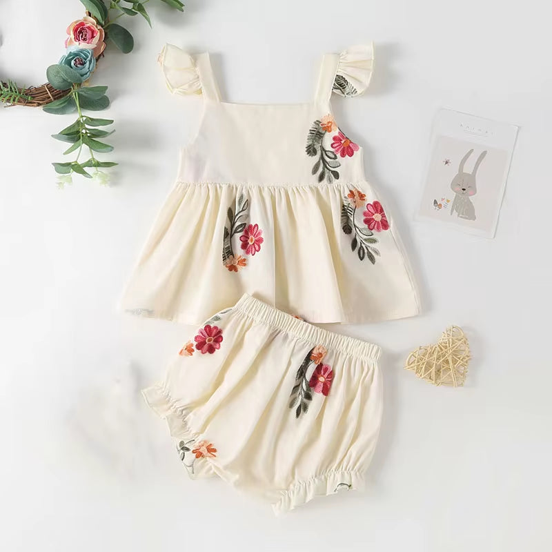 New Baby Summer Clothes Infant Girl'S Floral Puff Sleeve Bodysuit Toddler Tee and Shorts 2PCS Sets Children'S Outfit