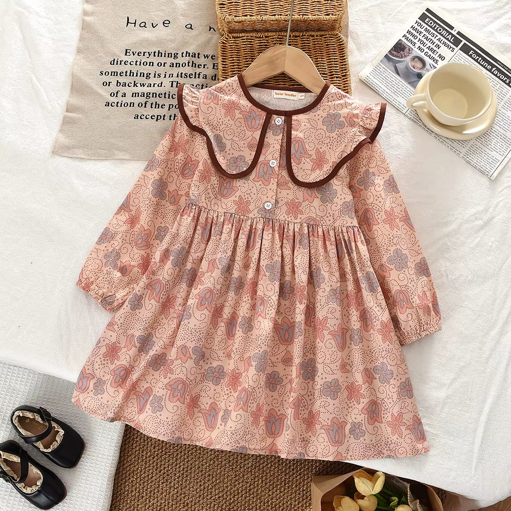 Blossom Belle – Long Sleeve Floral Princess Dress with Doll Collar for Girls