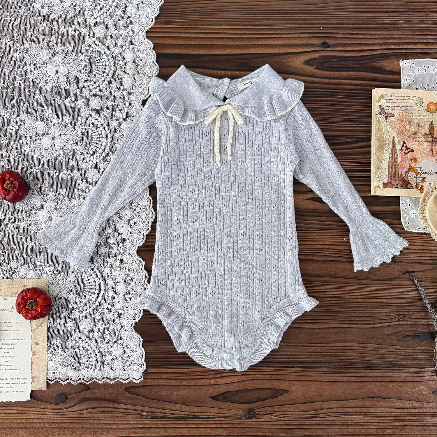 LilyLuxe™ Knitted Baby Girl Jumpsuit – Elegant Lotus Collar Sweater Romper for Spring & Autumn
