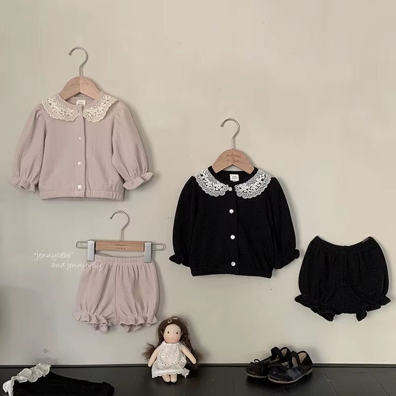 LaceMuse – Korean Style Baby Girl Cardigan & Shorts Set
