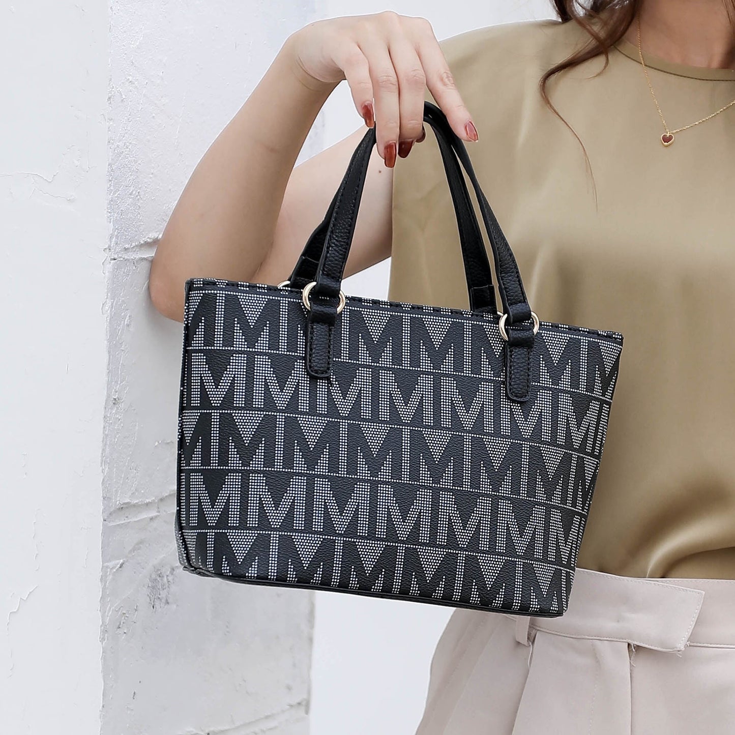 by Mia K. Marimar Women'S Tote Bag with Pouch and Wristlet, Signature 4 Piece Set - Tan